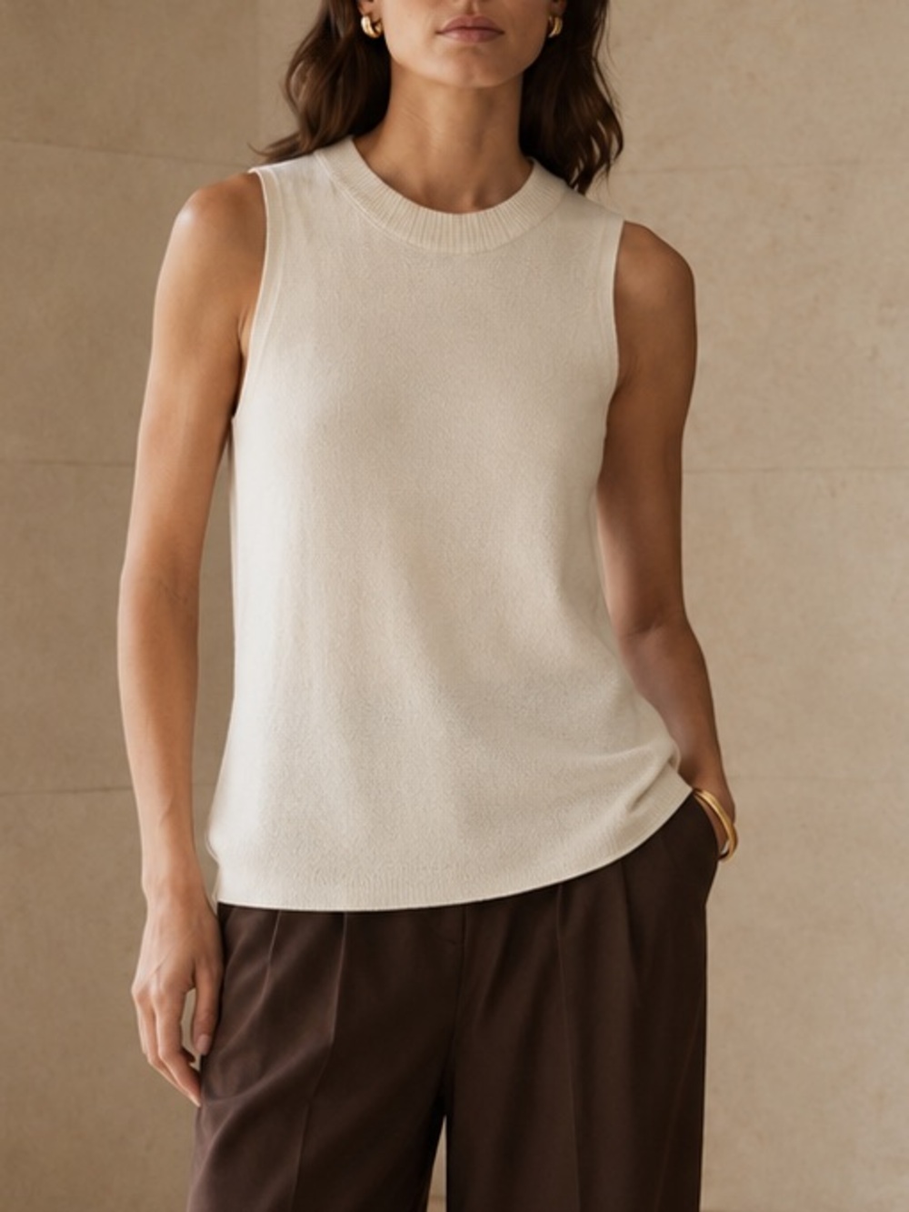 Vince 100% Silk Rib Trim Tank Top Ivory Merino Wool Quiet Luxury Shell Neutral